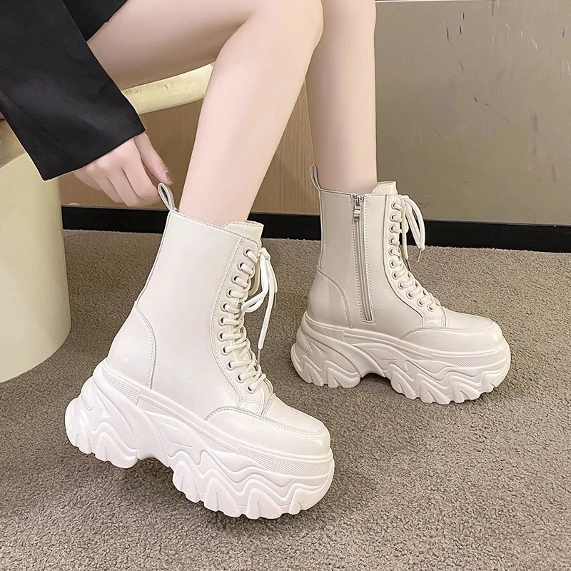 

Autumn Women Casual Leather Mid-Calf Boots Fashion High Heels Female Platform Shoes Women Autumn Boots Rubber Sole Woman Boot