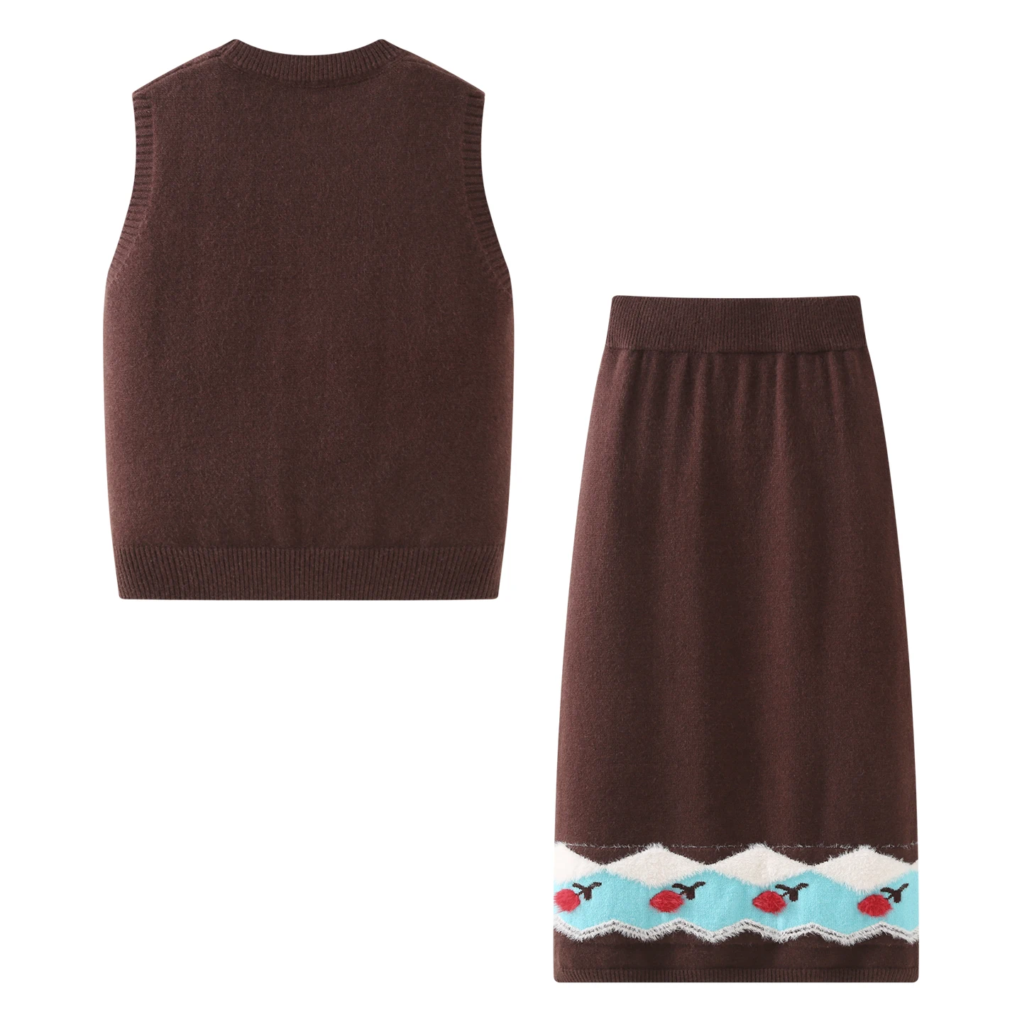 2025 خريف شتاء جديد المرأة خمر الكرتون جرو سترة جاكار عالية الخصر فضفاضة تنورة طويلة غير رسمية قطعتين مجموعة