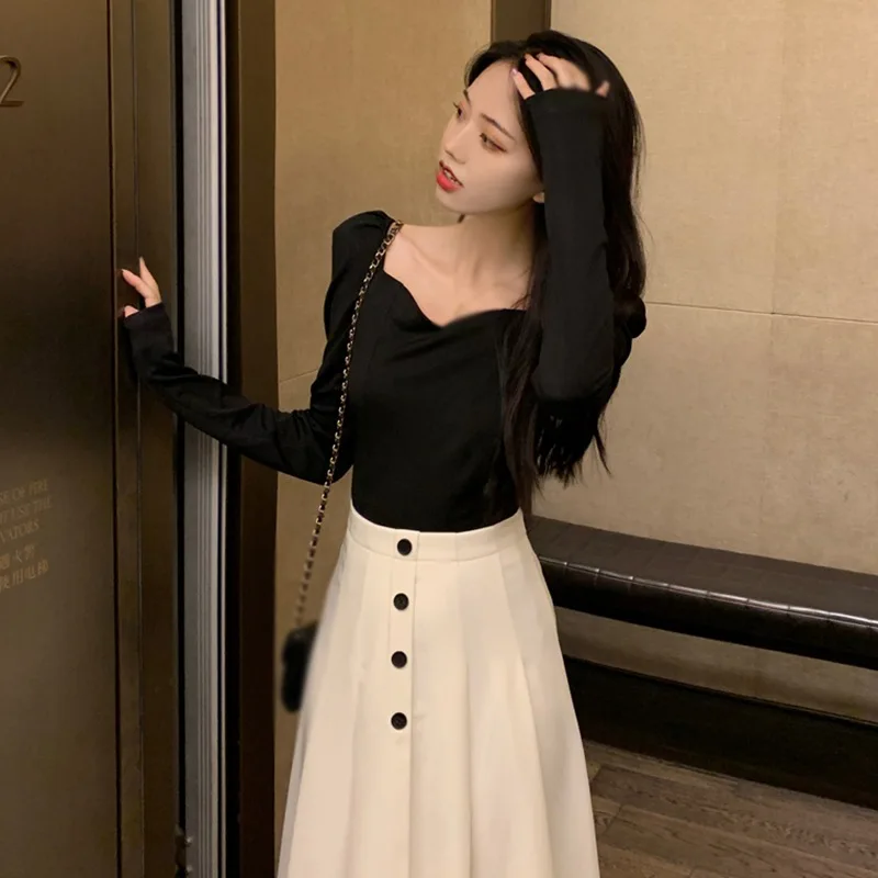 Tops for Women Spring Autumn Long Sleeves Puff Sleeves Square Neck Casual T Shirt Solid Color