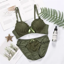 Cute Bra and Panty Set Green Black Lingerie Cute Japanese Fashion Bra & Panties Set Wire free Soft 3/4 Cup Lady Underwear Sets