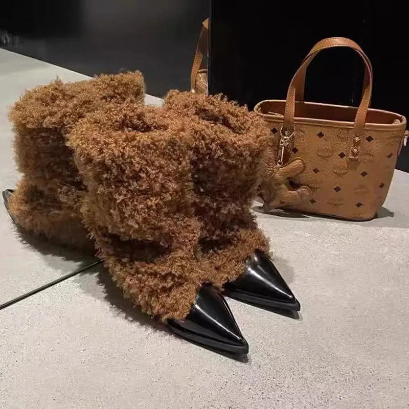 الرجعية العلامة التجارية مصمم الاصطناعي قصيرة أفخم منتصف العجل الأحذية النسائية 2026new خطوة واحدة الثلوج الأحذية رقيق الفراء مثير الإناث عالية الكعب #5