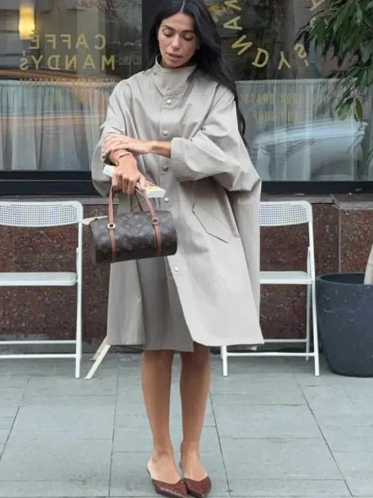 

Women Autumn Stand Collar Long Trench Coat Fashion Solid Long Sleeve Single Breasted Windbreaker Elegant New Lady Street Outwear