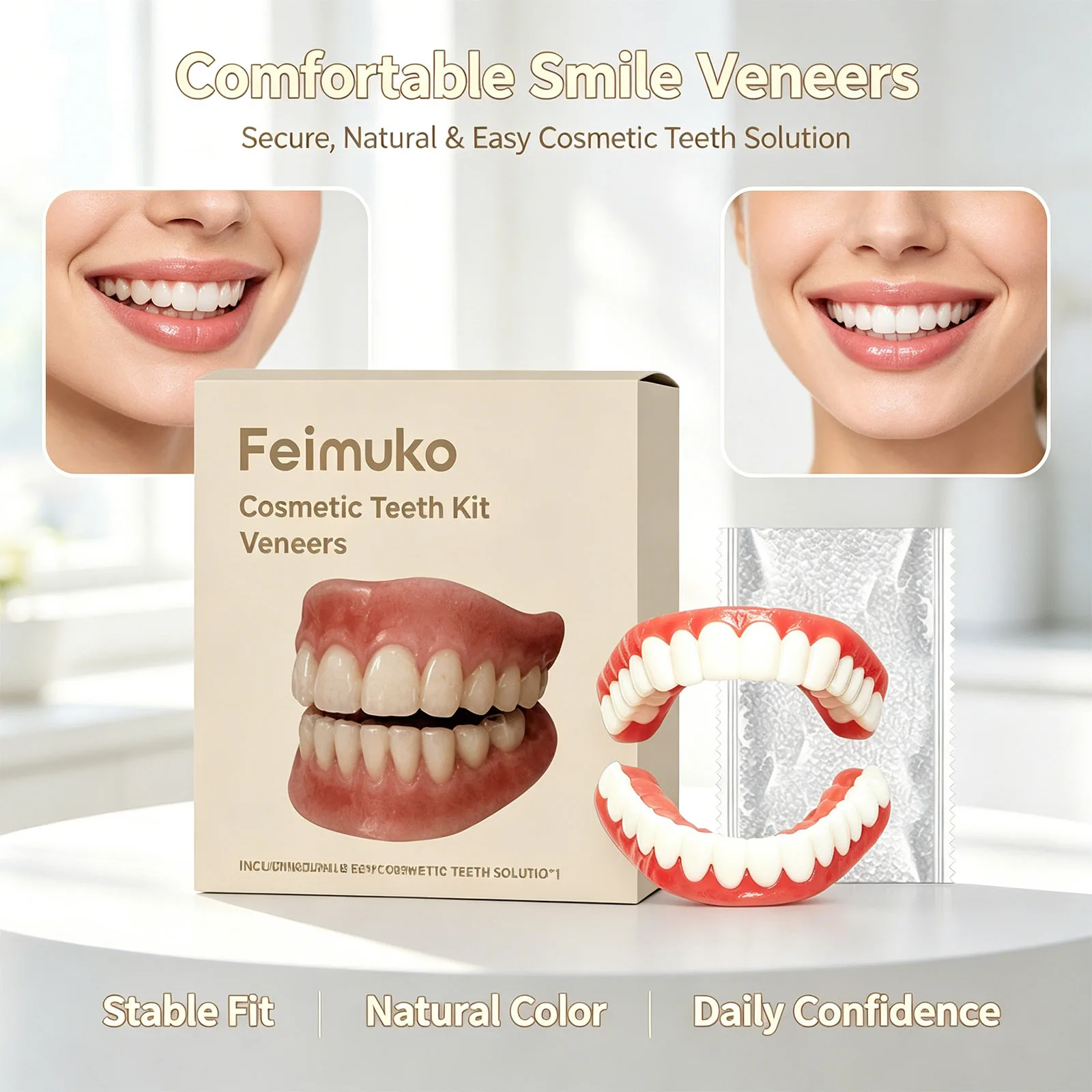 Kit de prothèses dentaires esthétiques – Remplacement de dents, comblement des espaces, aspect naturel, port confortable, prothèses en silicone souple réutilisables