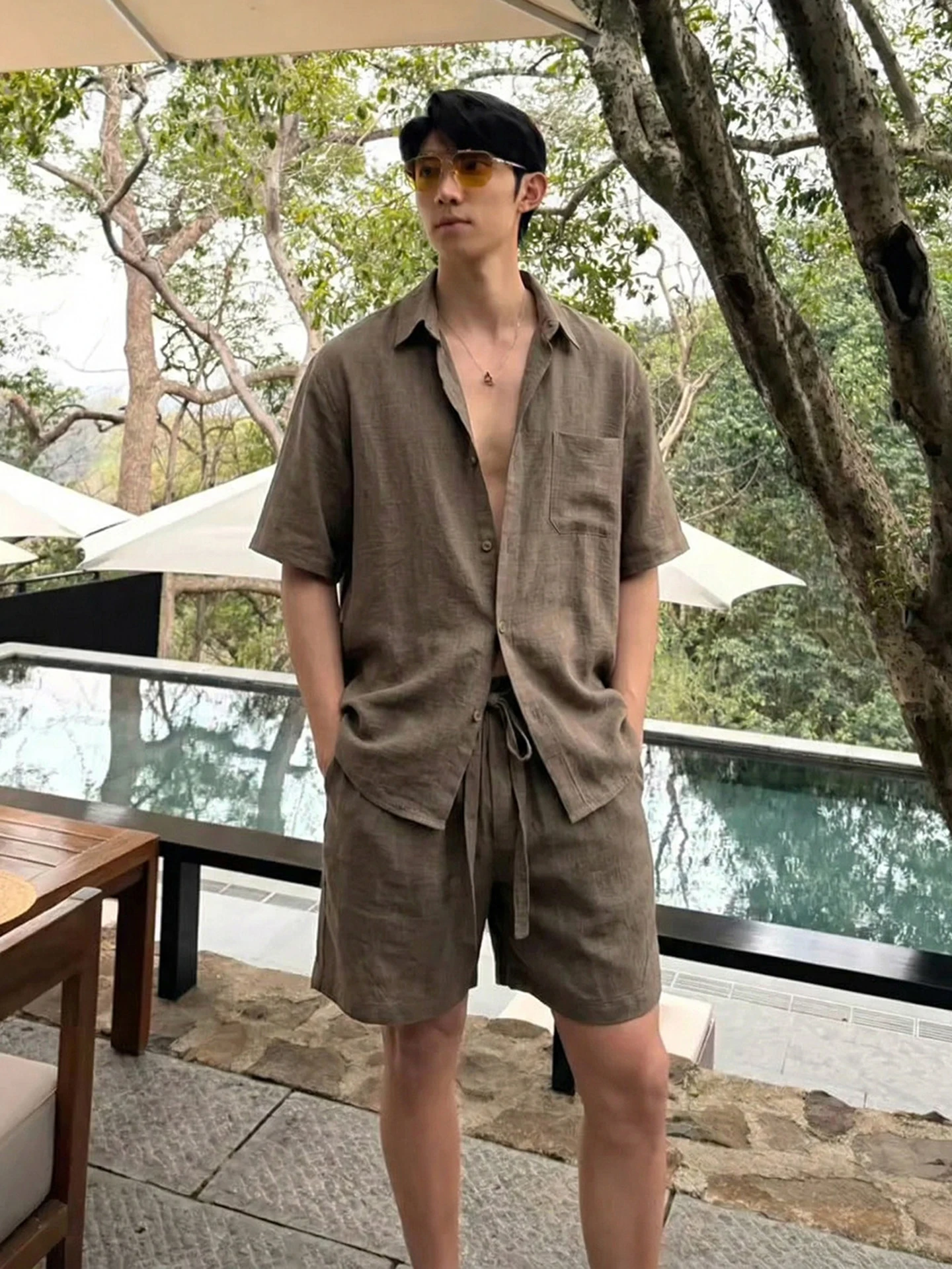 

Lightweight Ice Silk Linen Simulation Men's Summer Shirt Shorts Set Cleanfit Style Casual Breathable Loose Fit American Style
