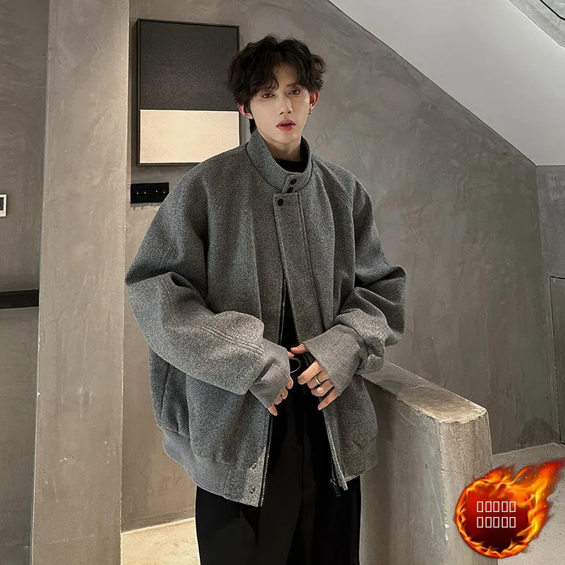 

Retro American Cleanfit ort Woolen Jaet Men's Autumn Winter Thiened Cotton Lined Stand Collar Jaet Coat for Teens