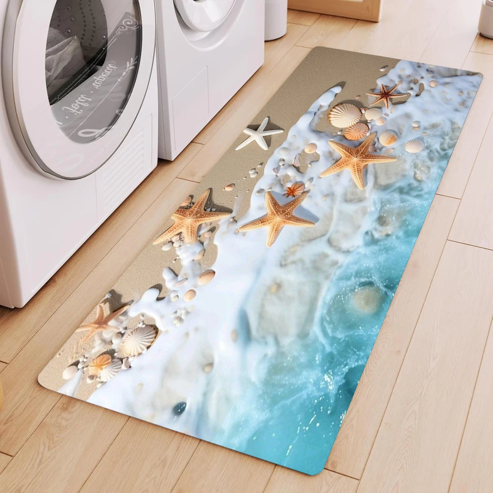 Summer Ocean Beach Kitchen Mat Sea Shell Sailboat Print Non-slip Door Mat Home Decor Rug for Living Room Bath Entrance