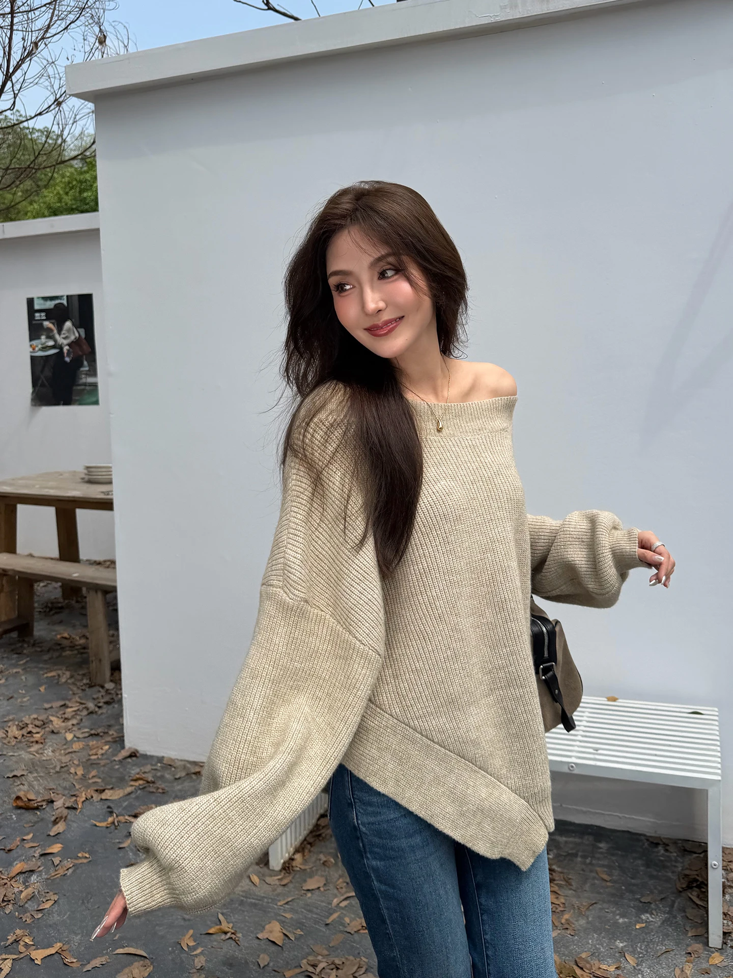 

Женский вязаный свитер Li uo MPBY Benan Casual с открытыми плечами, из смесовой пряжи, с длинными рукавами и круглым вырезом