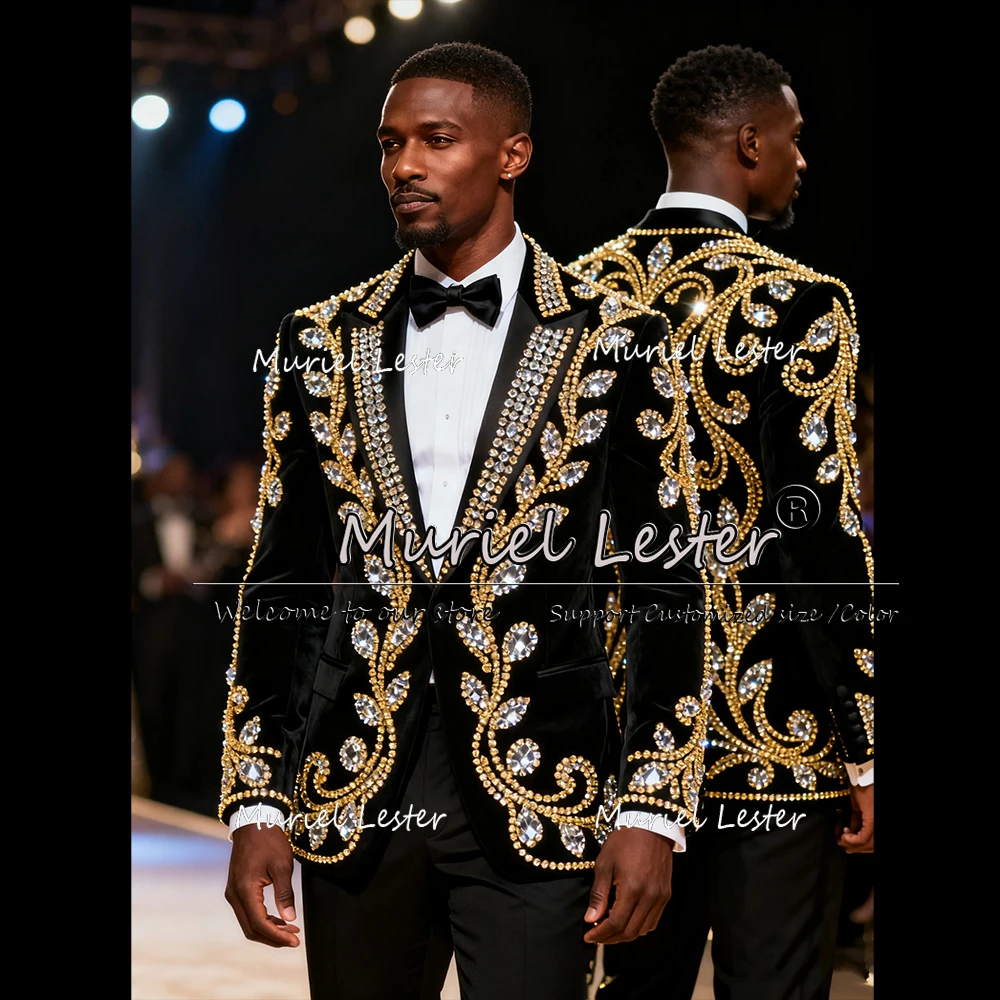 

Блестящие ювелирные изделия с камнями, костюмы для мужчин на свадьбу, однобортный пиджак, брюки, комплекты из 2 предметов, смокинги для жениха, индивидуальные Ropa Hombre