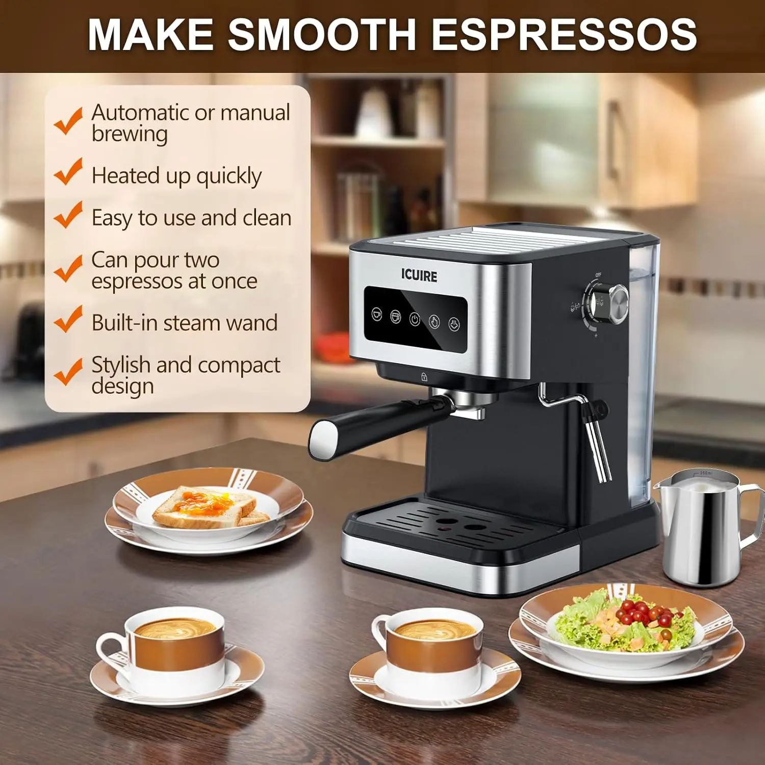 20 Bar Espresso Machine with Milk Frothing Pitcher, 1.5L Removable Water Tank, Semi-Automatic Coffee Machine with Steam Wand