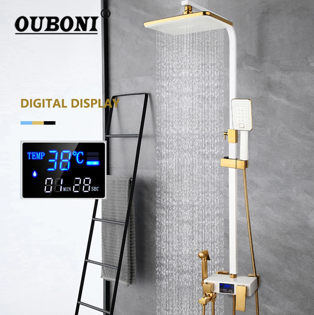 OUBONI White/Black Bathroom Rainfall Shower System LED Digital Shower Set Wall Mounted Hot Cold Mixer Bath Faucet Square Spray