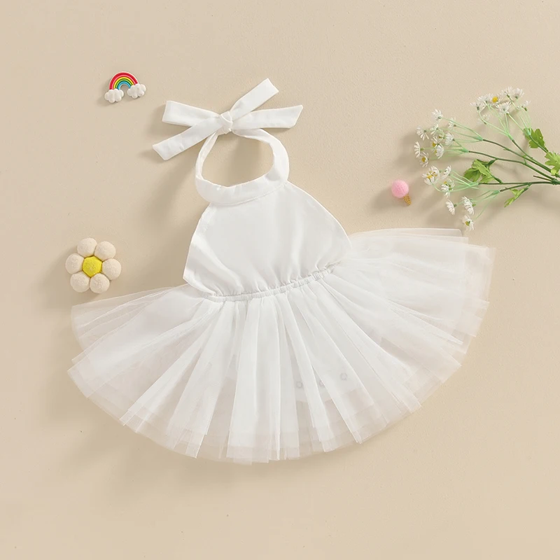 

Newborn Baby Girl Halter Neck Tulle Romper Dress Backless Layered Mesh Tutu Bodysuit Baptism Cake Smash Outfit