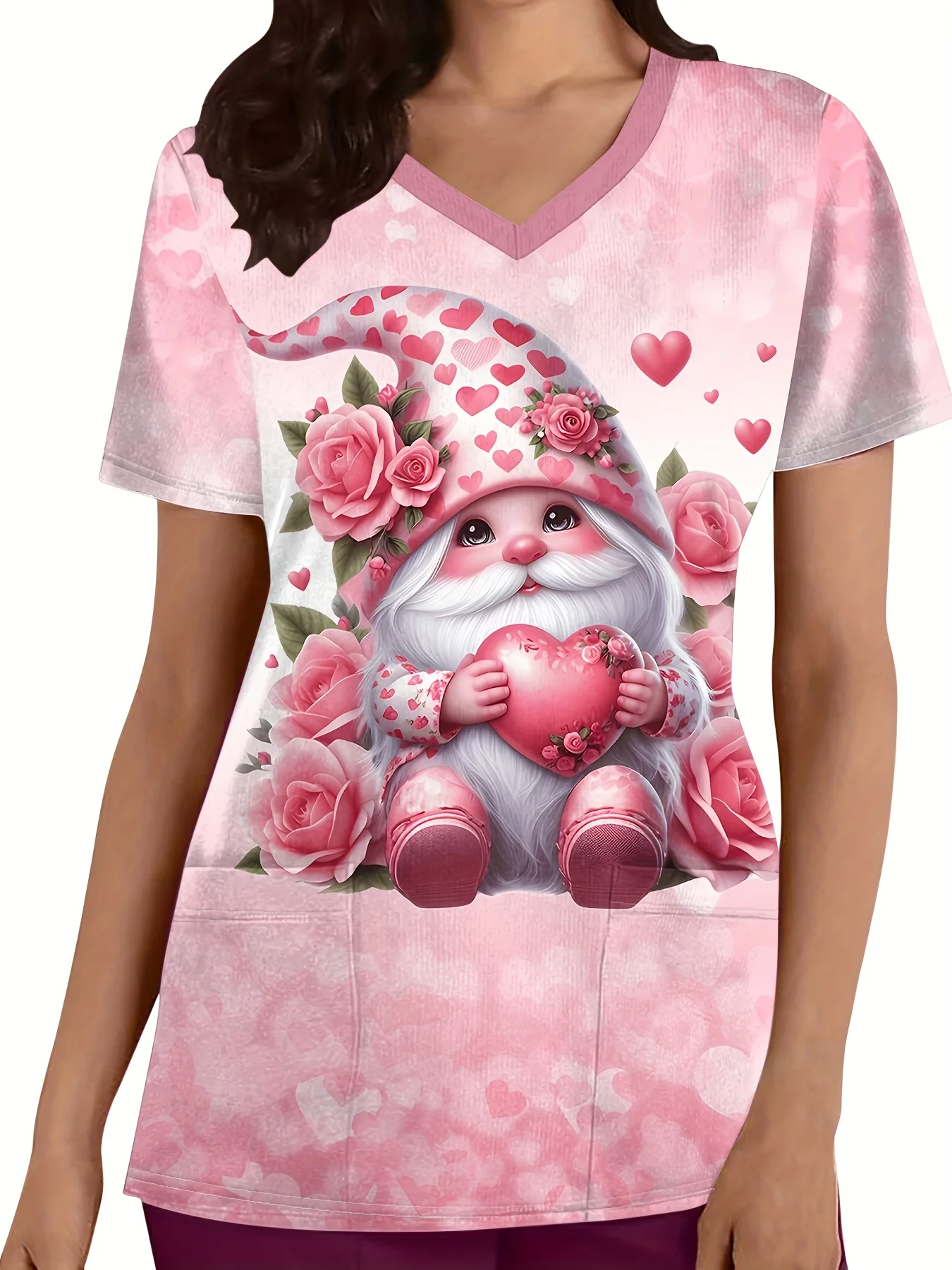 Festive Christmas Ugly Santa Claus Print V-Neck Top with Pockets Comfortable  Women's Nurse Uniform,Short Sleeve Women Clothing
