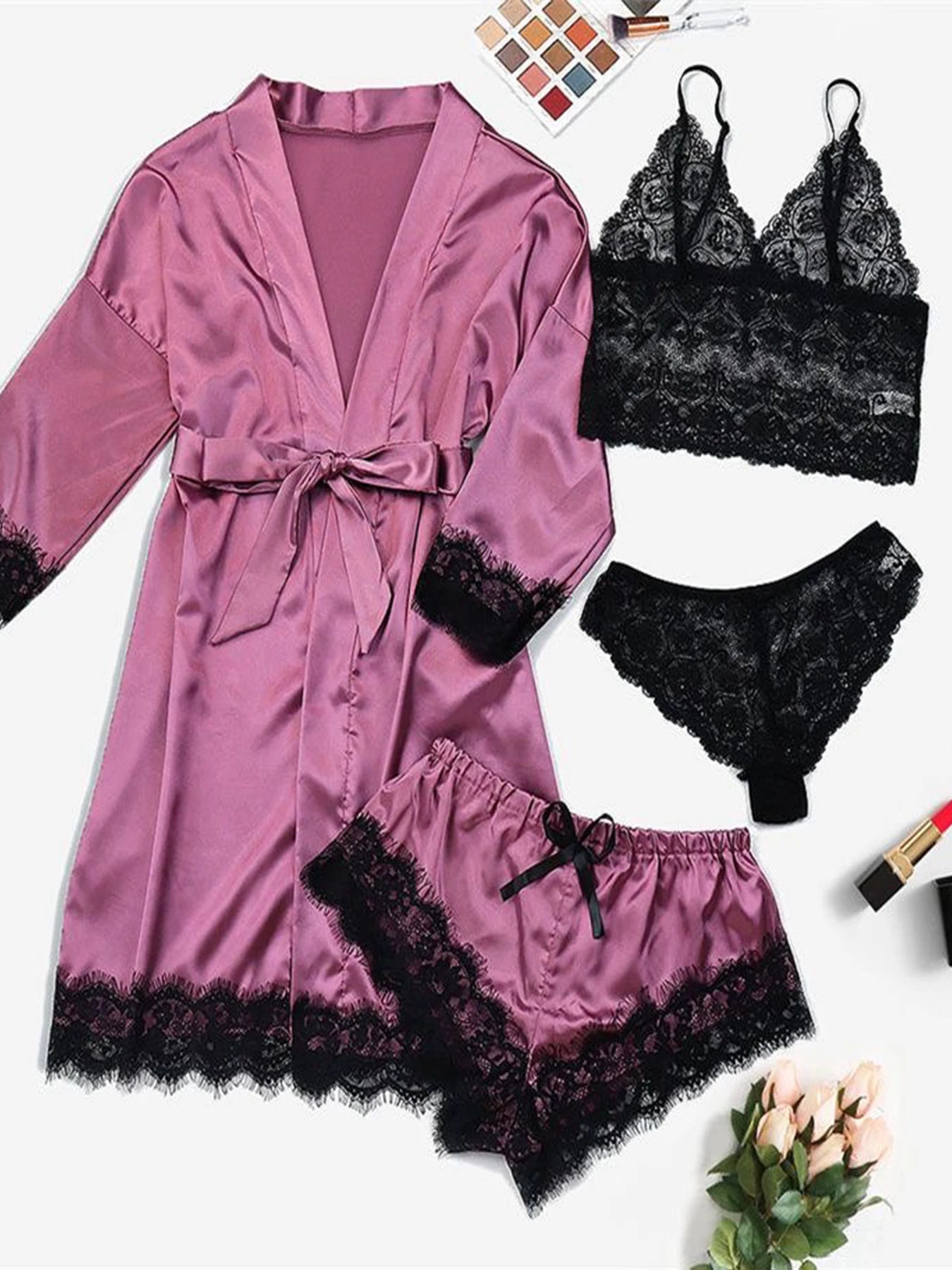 

Women's Sexy Lace Satin Suspender Pajamas Nightgown Home Clothes Set
