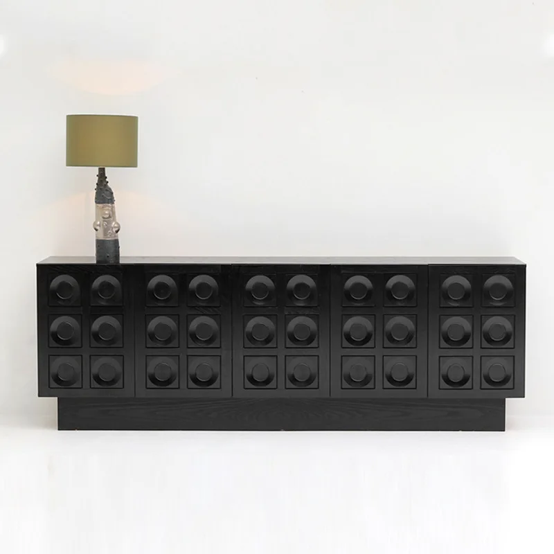 

Nordic solid wood dining side cabinet, oak retro floor-to-ceiling locker, black wabi-sabi living room storage cabinet side
