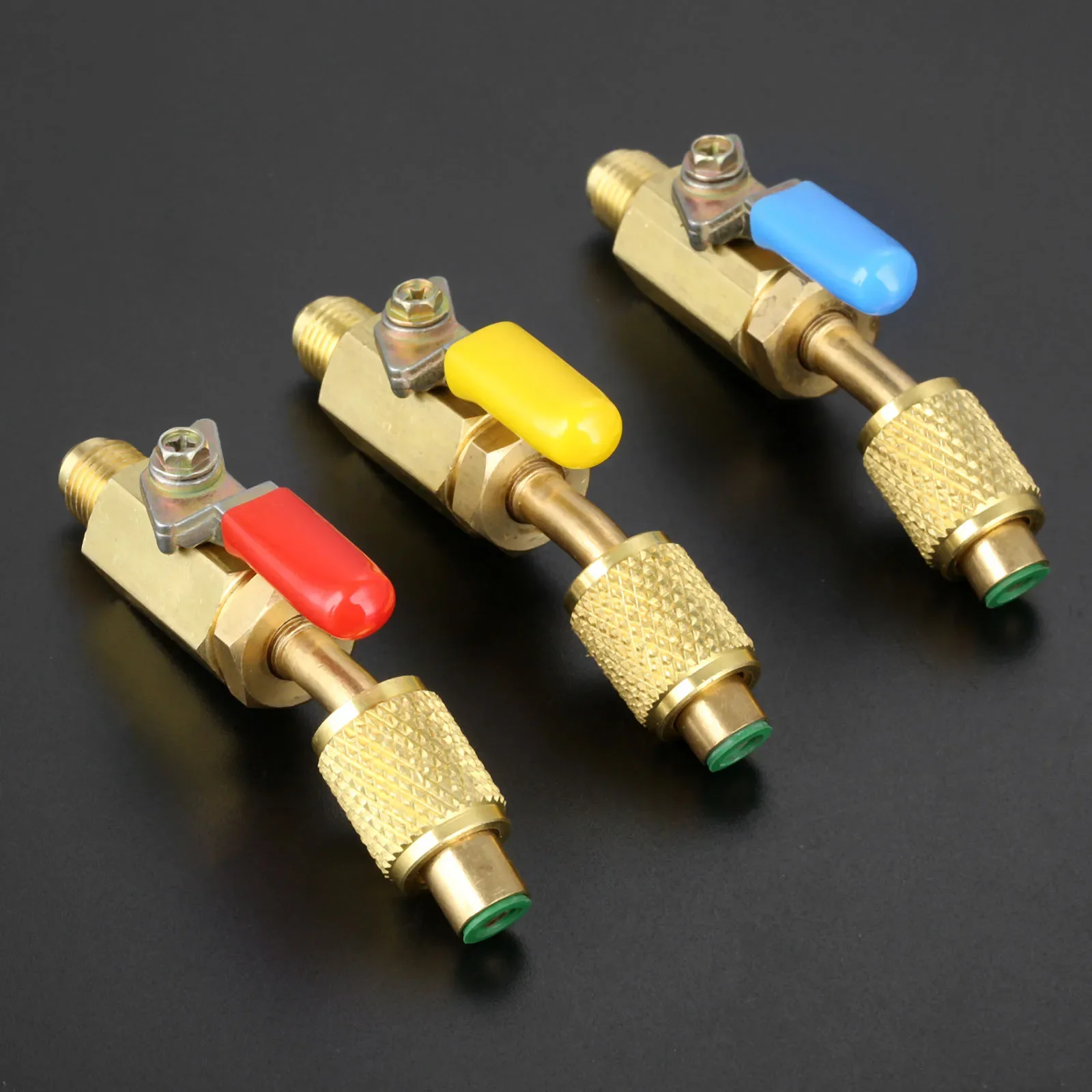 

3Pcs 45 Degrees Manual Shut-Off Valve 1/4" SAE Swivel Adapter For A/C R134A R410A Refrigerant Red/Yellow/Blue Car AC Tools
