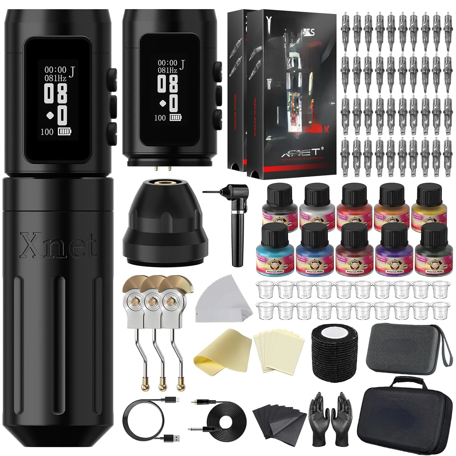 

® Plus Tattoo Gun Kit, Complete Rotary Tattoo Pen Machine Kit with Dual 1800mAh Wireless Batteries Coreless Motor 40pcs X-RAY C