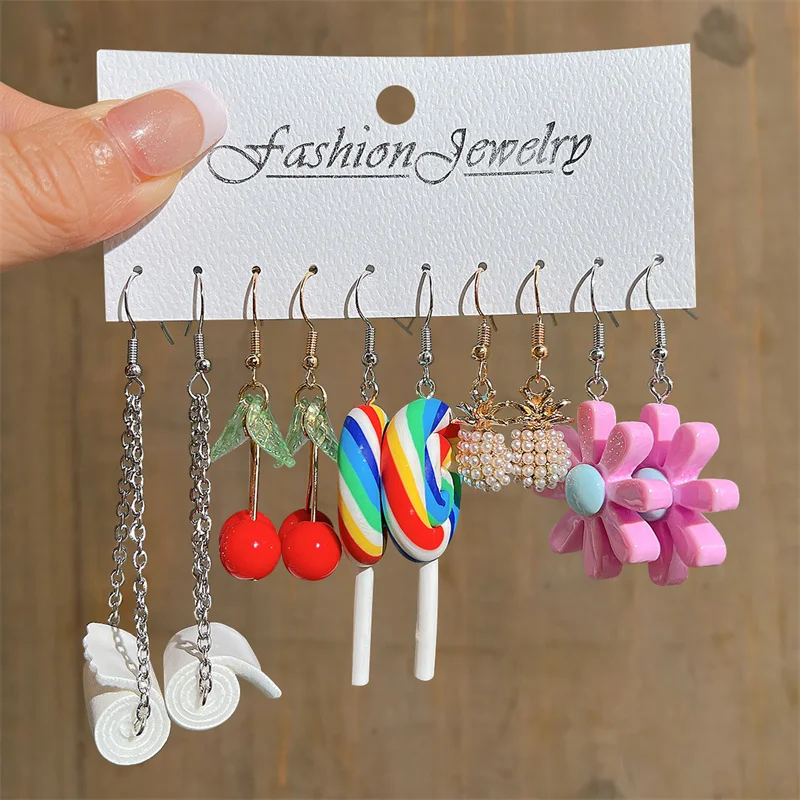 Juego de pendientes de dibujos animados para mujer, aretes colgantes geométricos, corazón colorido, nube, mariposa divertida, fruta, helado, regalos