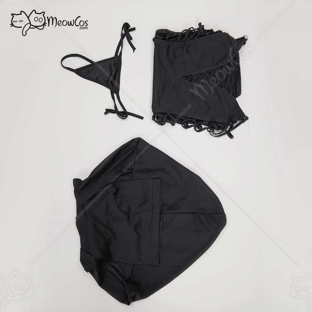 Meowcos Women Sexy Sleepwear Ninja Style Lingerie Cosplay Costume Sling Night Dress Black Lace Up Slit Dress and Hooded Top view 6
