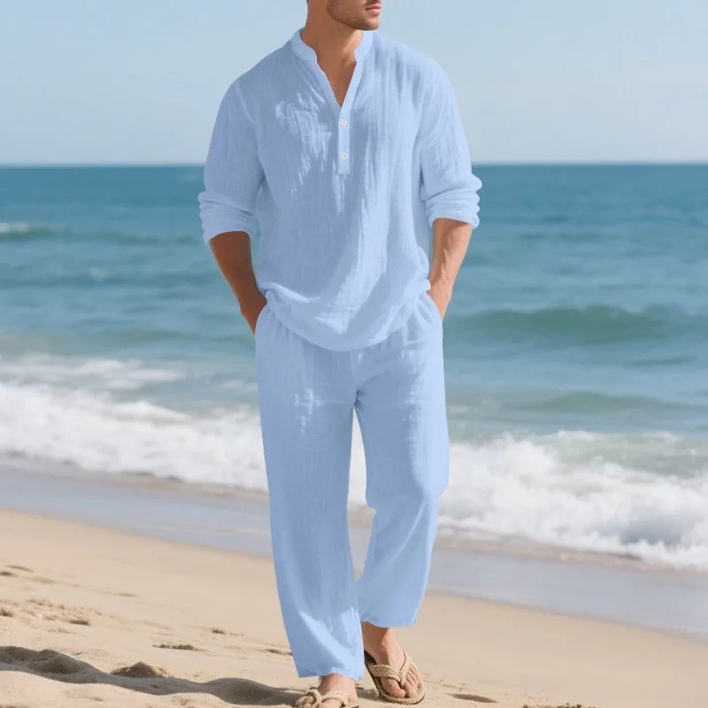 リネン秋新作メンズスーツビーチスタイルゆったりカジュアル通気性Vネック長袖ヘンリーシャツとストレートレッグパンツ2点セット