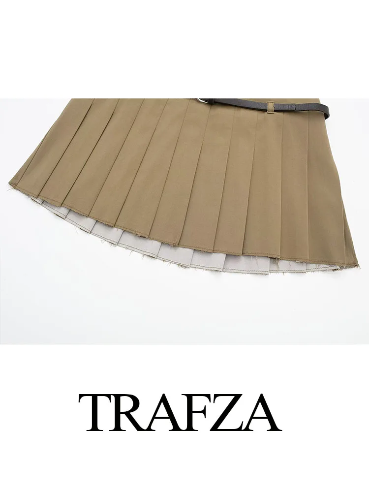 TRAFZA Women Suit Solid O-Neck Long Sleeves Pockets Button Zipper Jackets+High Waist Belt Decoration Zipper Pleated Skirts