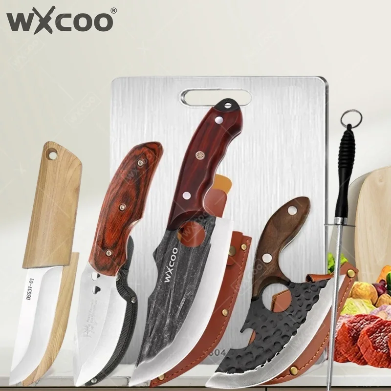 WXCOO 1 6PCS Kitchen Knife Accessories Forged Butcher Cleaver Knives Mongolian Meat Cutting Handmade Fruit BBQ Knife