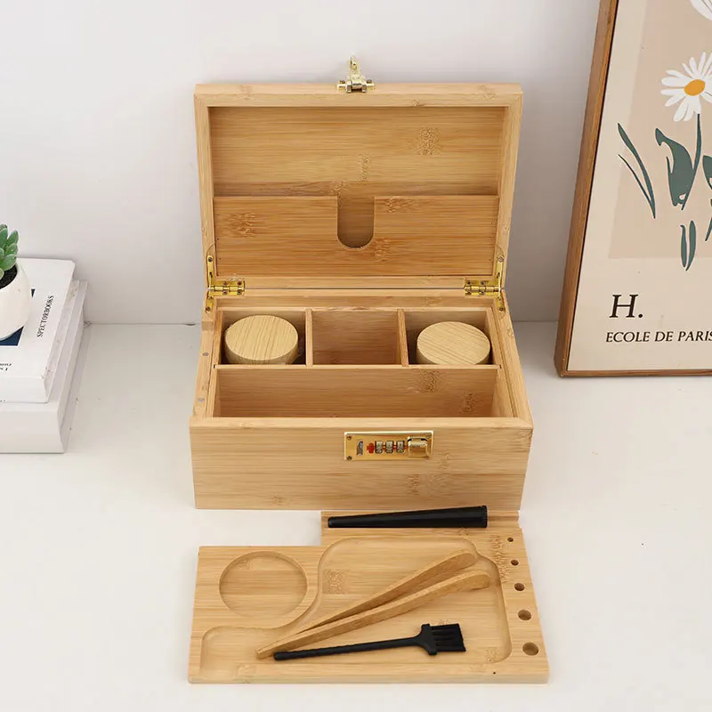 Coffret de rangement en bambou haut de gamme avec plateau roulant, boîte en bois, organisateur pour accessoires de fumage et outils, décorations de table