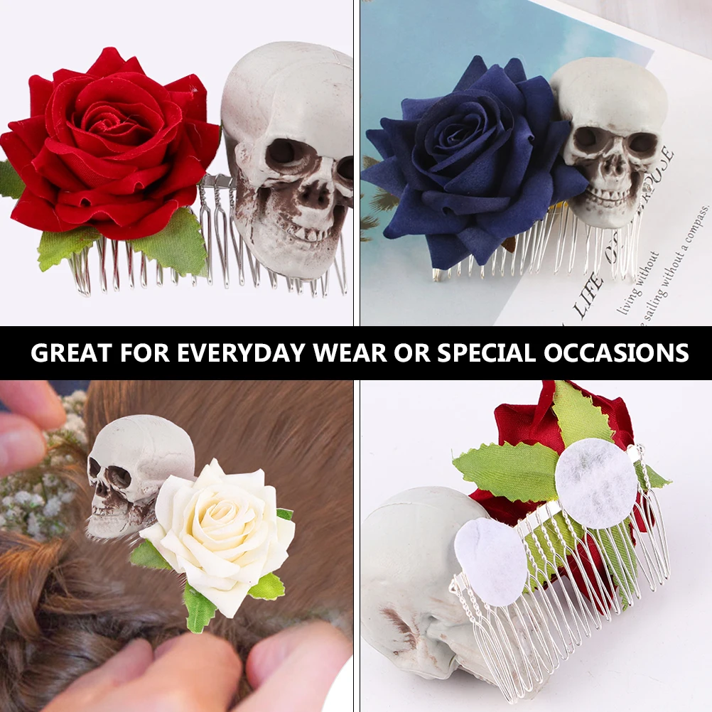 

3 Pcs Skull Hair Clips Halloween Party Hairpin Women Hair Combs Unique Rose Decor Stylish Fancy Costume Daily Wear