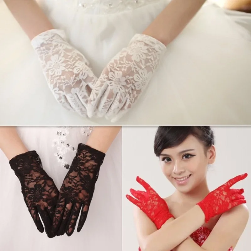 Guantes de novia de encaje corto blanco, accesorios de vestido de novia, protector solar beige y negro