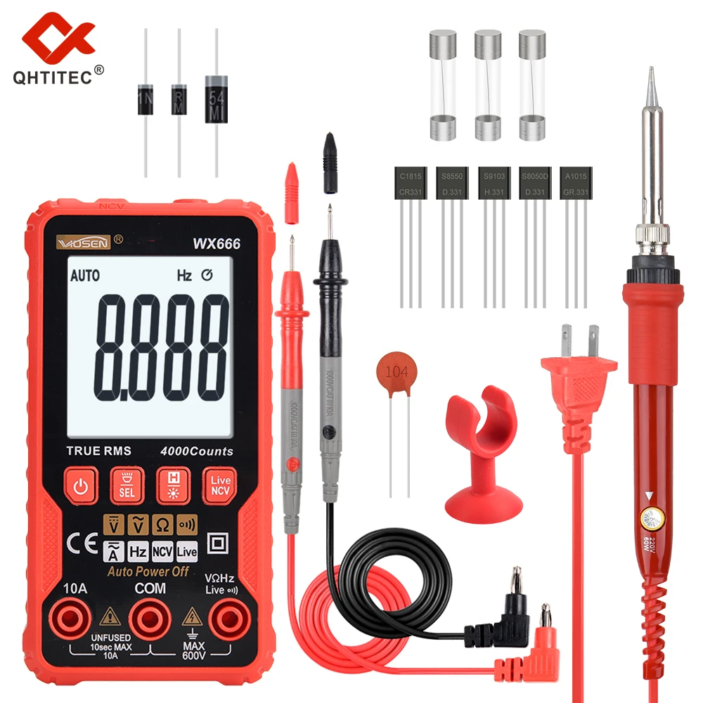 

QHTITEC Flashlight Digital Multimeter Kits With Soldering Iron Auto Tester Meter True Rms Tranistor NCV 4000 Counts Data Hold