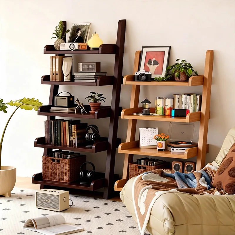 HYS living room shelf floor-to-ceiling solid wood bookshelf sofa side display rack integrated against the wall trapezoidal