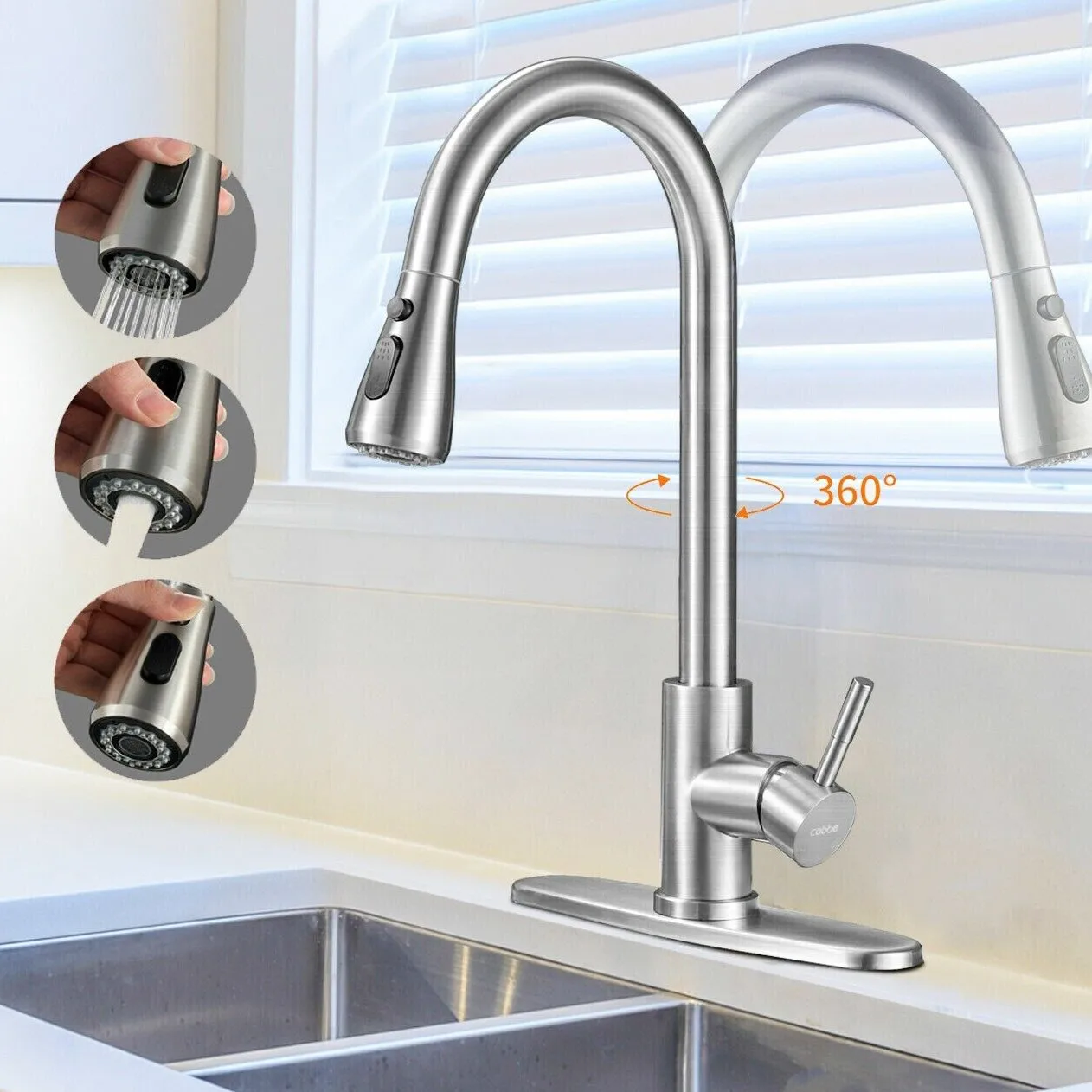 

Kitchen Faucet Brushed Nickel Pull Down Sprayer Single Handle Sink Mixer w/Cover