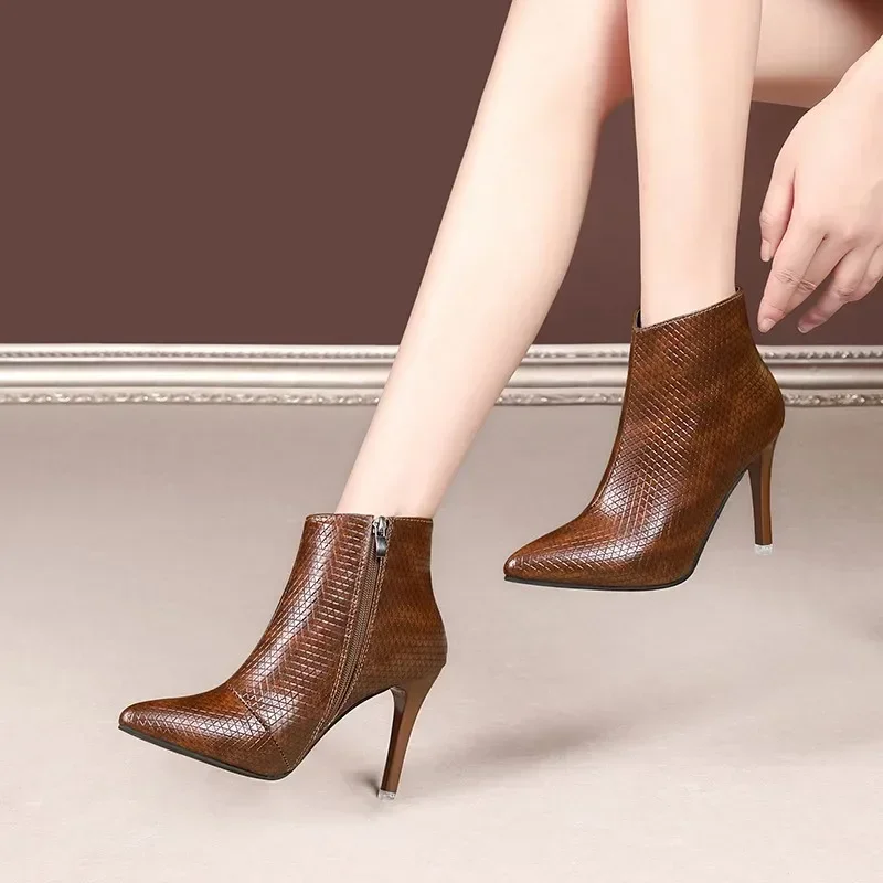 Leather   High Heels Autumn Winter Side Zipper Women's Boots Pumps Party Office Lady Shoes Woman