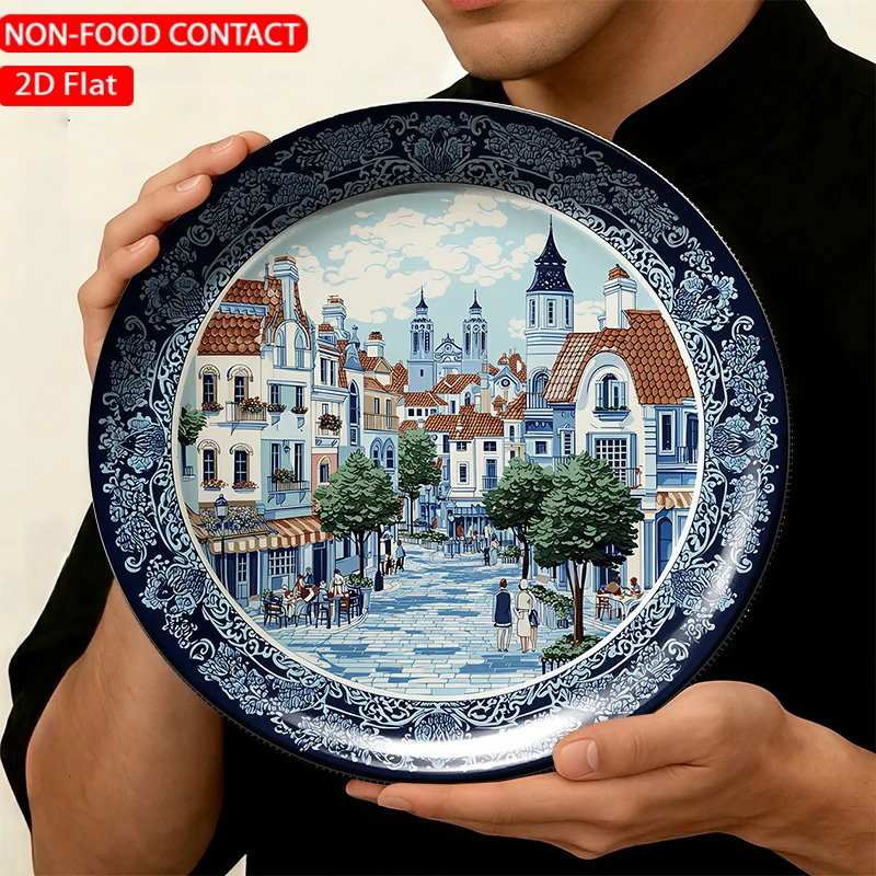 1pc Ceramic Decorative Plate, Blue Cityscape Scene Art Decorations, Wall Home Decor- for Decorative Purposes Solely, NON-FOOD