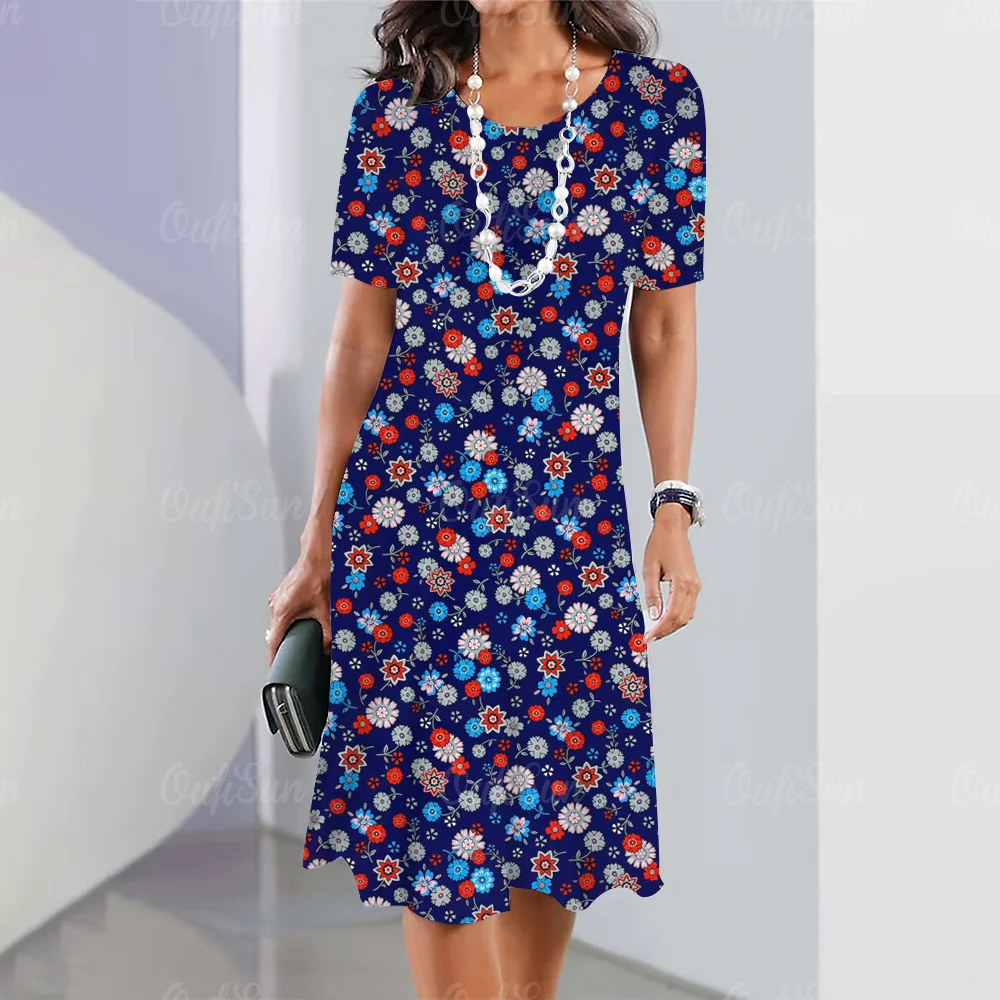 Vestido holgado informal de manga corta para mujer, traje elegante con elementos de flores trituradas para fiesta de viaje, verano, 2023