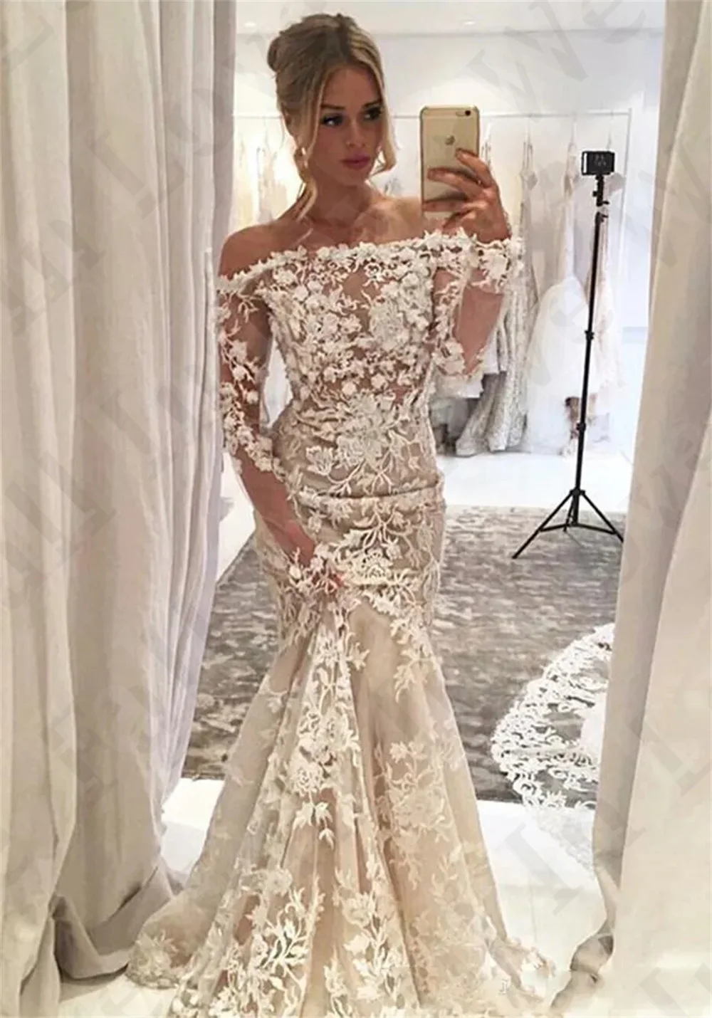 Charming See Through Mermaid Wedding Dress Boat Neck Off-Shoulder Long Sleeves Lace Appliques Bridal Gowns Wedding Party dress