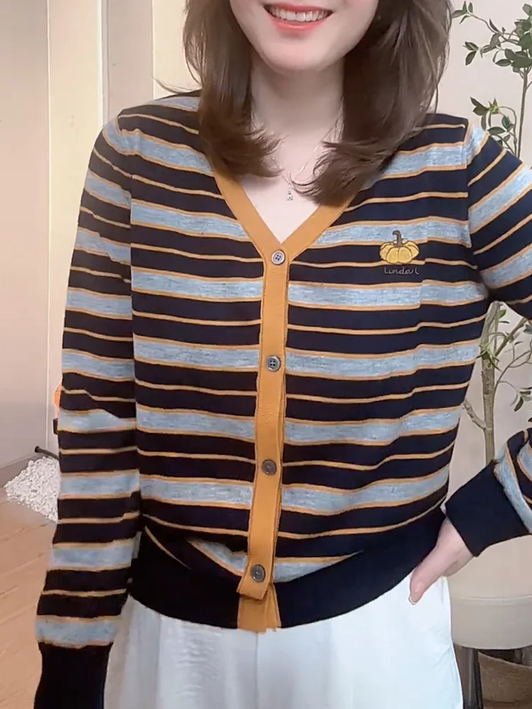 

Korean Sle V-Ne Knitted Open Cardigan Striped Versatile Age-Defng Top Large Size Autumn New Arrival Warmth Heating