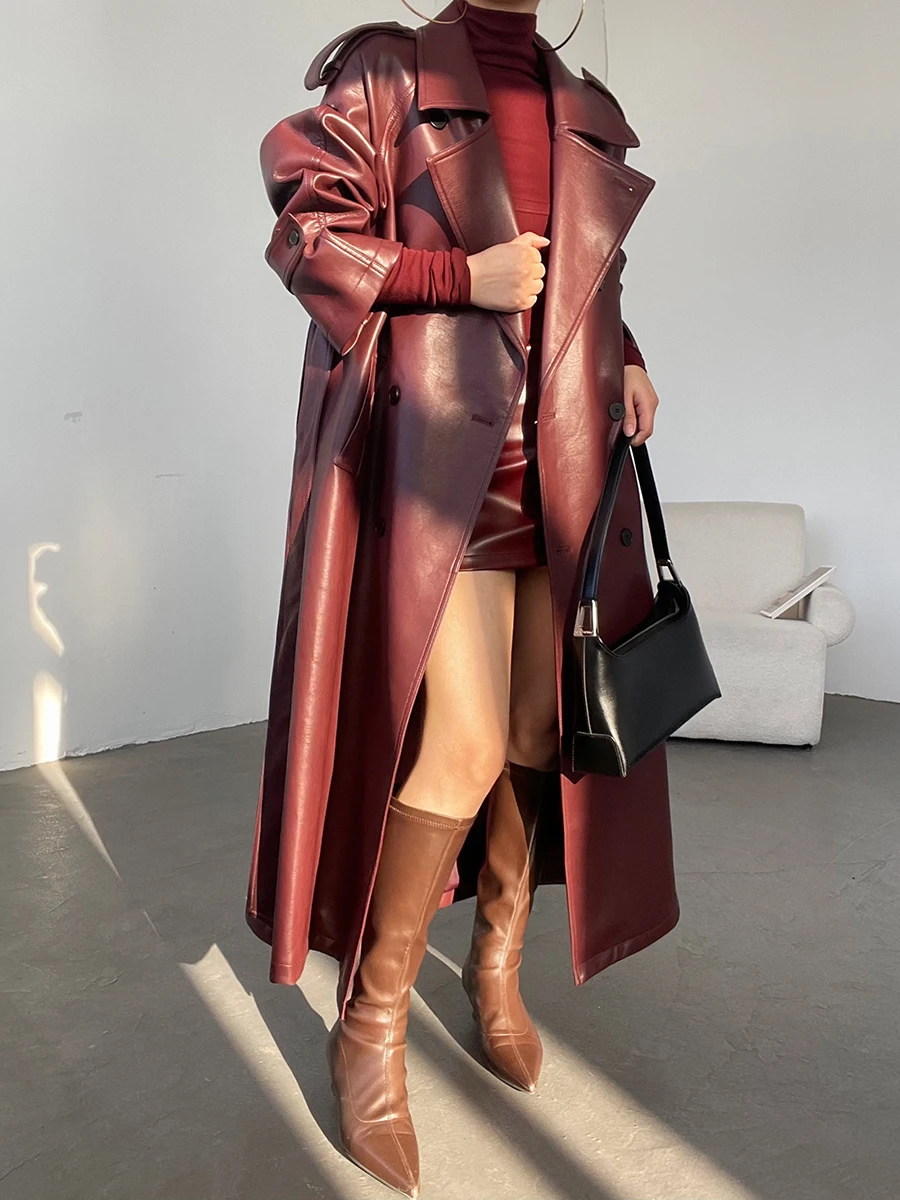 

AcupStudio Jiangyou Upper American Retro Belted Leather Long Coat Women's Autumn High-End Slimming Outerwear Street Sle PU ...