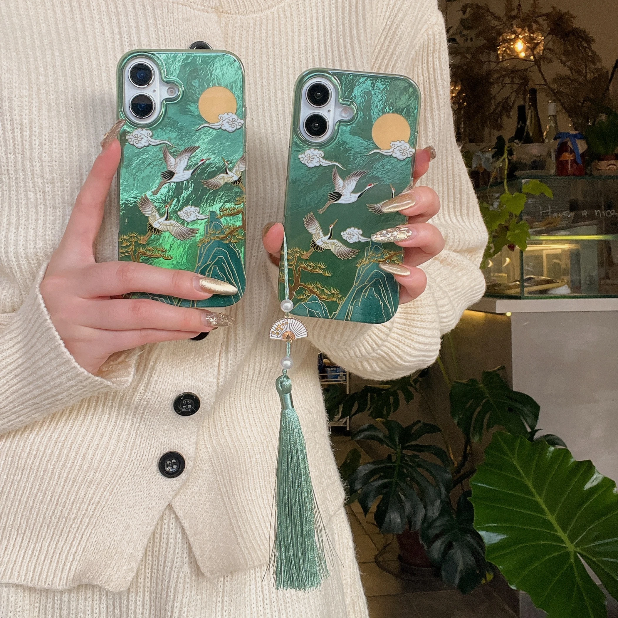 Auspicious INS Green Mountain Chinese Style Crane Tassel Dangle Phone Case for iPhone 17 16 15 14 13 Pro Max Back Phone Cover