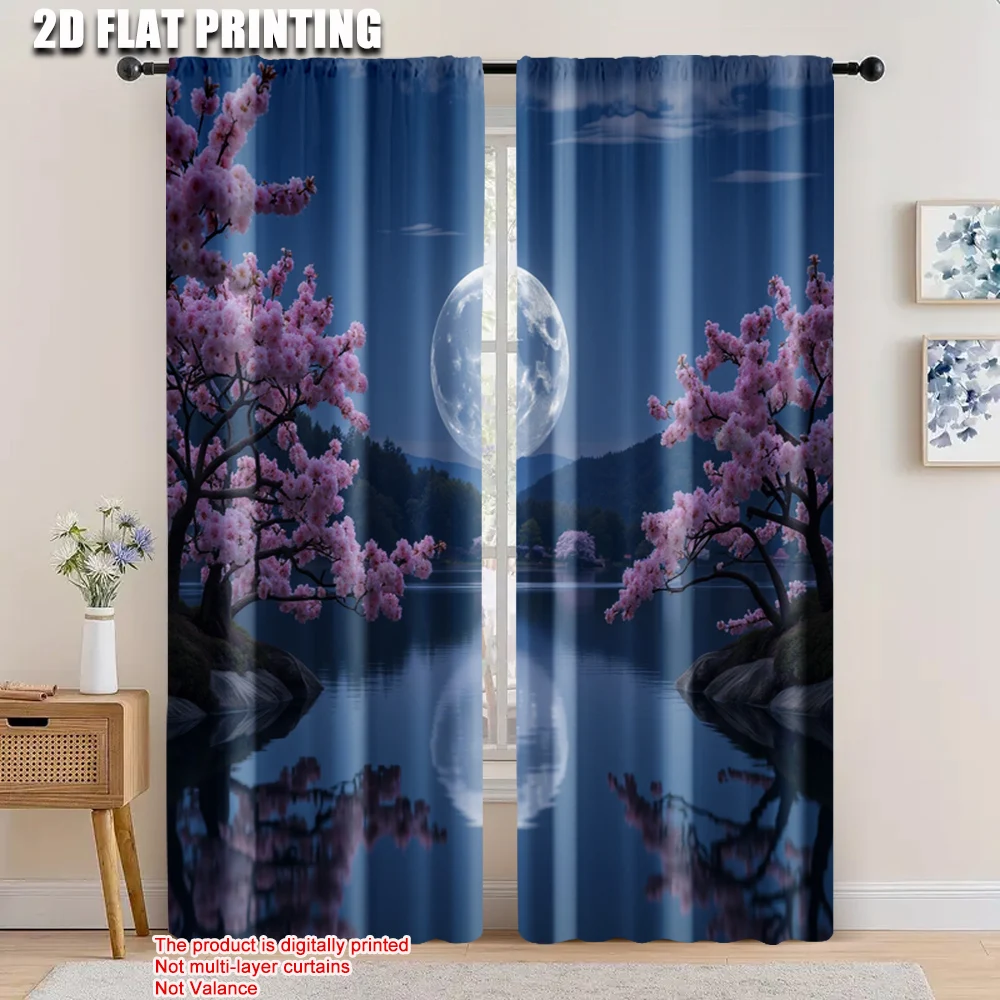 

2pcs, 2D flat printing Curtains moon and purple flowers Protecting Privacy Versatile Suitable for Living Room, Outdoor Decor