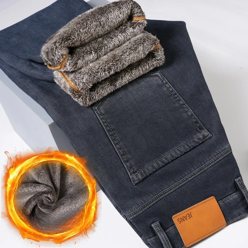 

Stretch Straight Men's Winter Jeans Thick Plush Velvet Denim Pants Business Casual Slim Solid Color Soft Warm Fashion Trousers