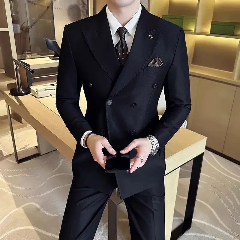 Double Breasted Full Men\'s Suits and Blazers Solid Color 2 Piece Outfit Set Male Youth Casual Gentleman Trends Costumes Elegant