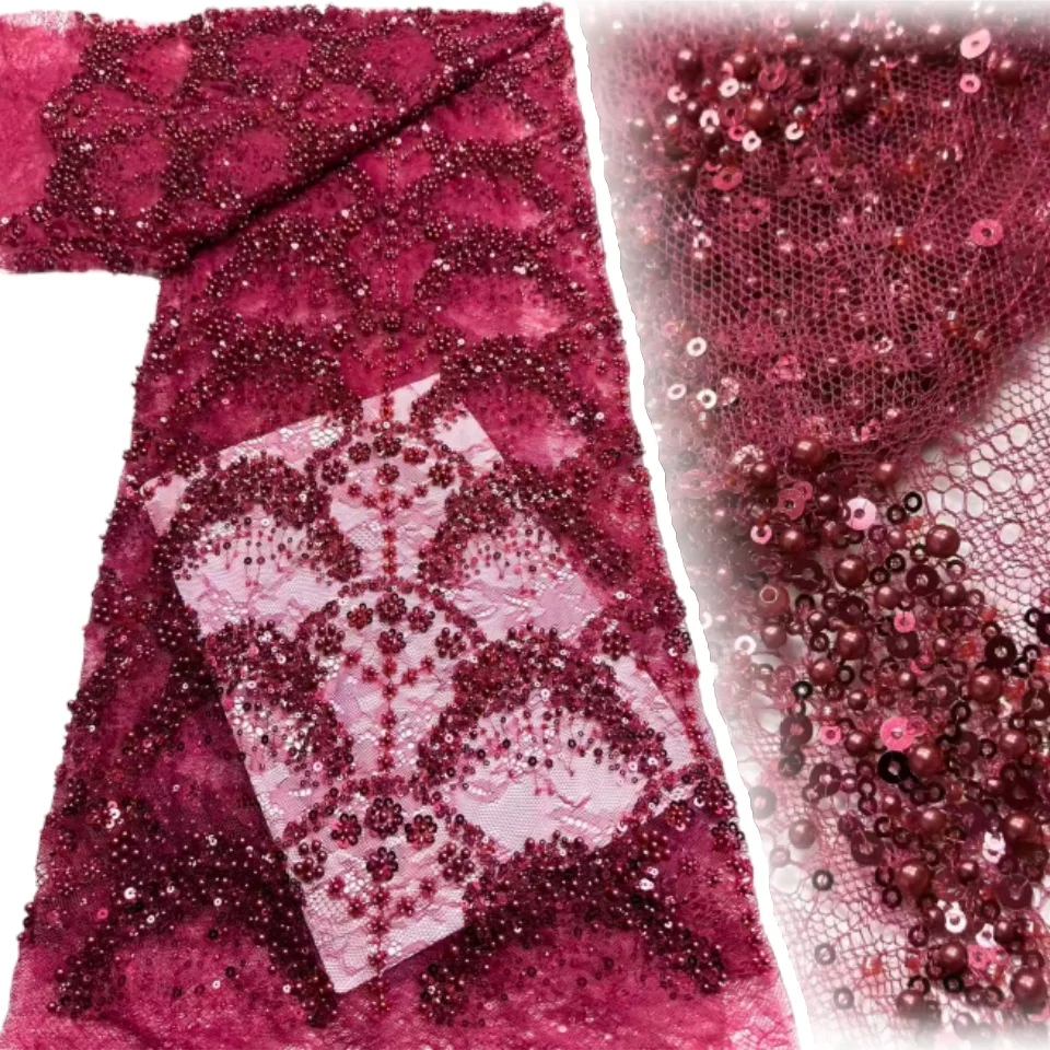 Red Wedding Party Fabric Hot Sale Africa 5Y Party Dress Series Handmade Embroidery Beads Net Lace Luxury Sequins for Women 2071