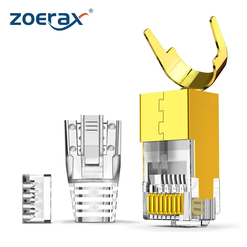 ZoeRax CAT8 CAT7 CAT6A Connector, Non-Pass Through RJ45 Connectors, 3-Prong 50μ Gold Plated with Strain Relief Boots