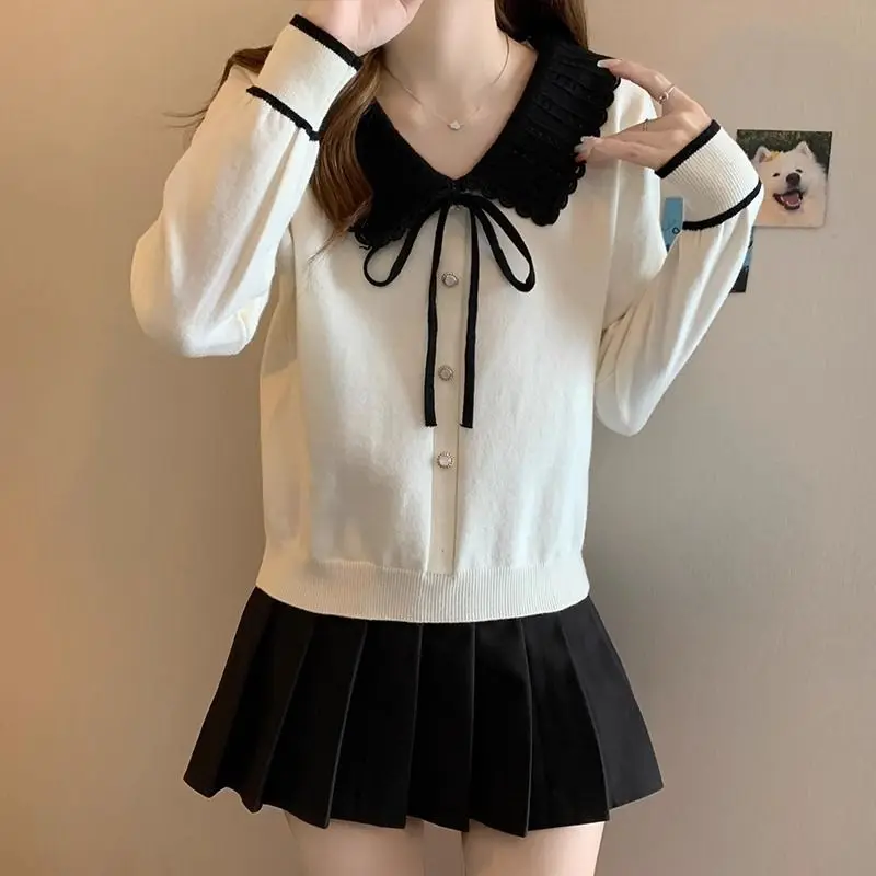 Knitted Shirt with Doll Style Knitted Base Long Sleeves for Reducing Age Bow Tie Hair New Chinese Style Top