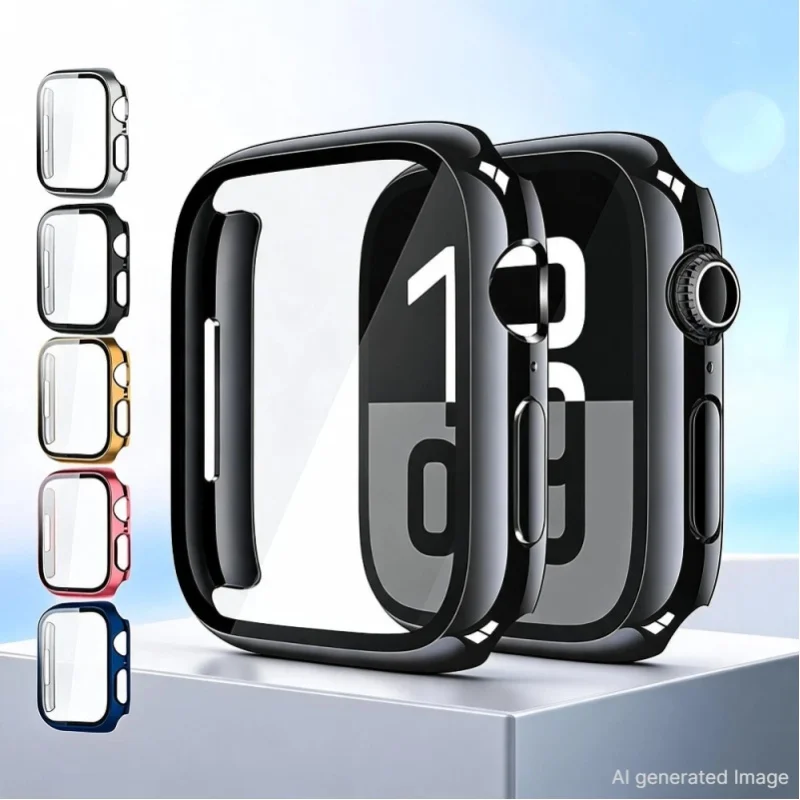 Displayschutzfolie für Apple Watch Gehäuse Serie 11 10 9 SE 8 7 6 5 46mm 42mm 45mm 44mm 40 41 PC Bumper+Hartglasabdeckung