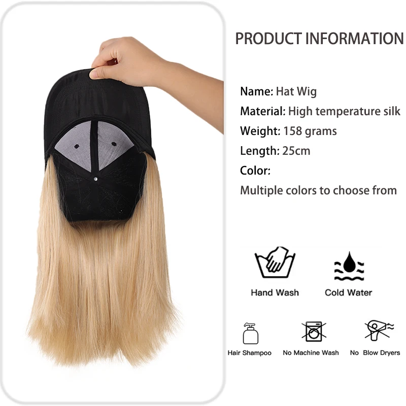 Adjustable Baseball Cap Wig 10Inch Black Medium Straight Synthetic Hair Extensions, Fashion Hat Wig for Women Daily Outdoor Wear