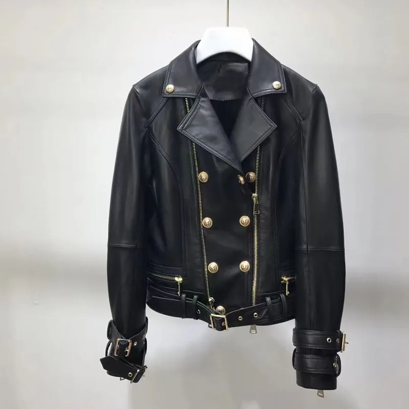 Women Coat Spring 2023 New Fashion Locomotive Model Short Length Turn-Down Collar Double Breasted Lion Head Button High Quality