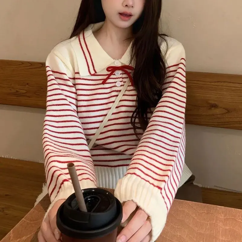

Sweet Gentle Striped Knitted Pullovers Autumn Winter Polo-Neck Button Female Clothing Korean Chic Bow Loose Long Sleeve Sweaters