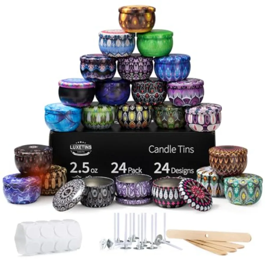 

etins 24 Pack Empty Candle Tins 24 Designs Metal Tins Candle Containers with Lids Bulk Candle Jars Wicks Stickers Wicks Holder