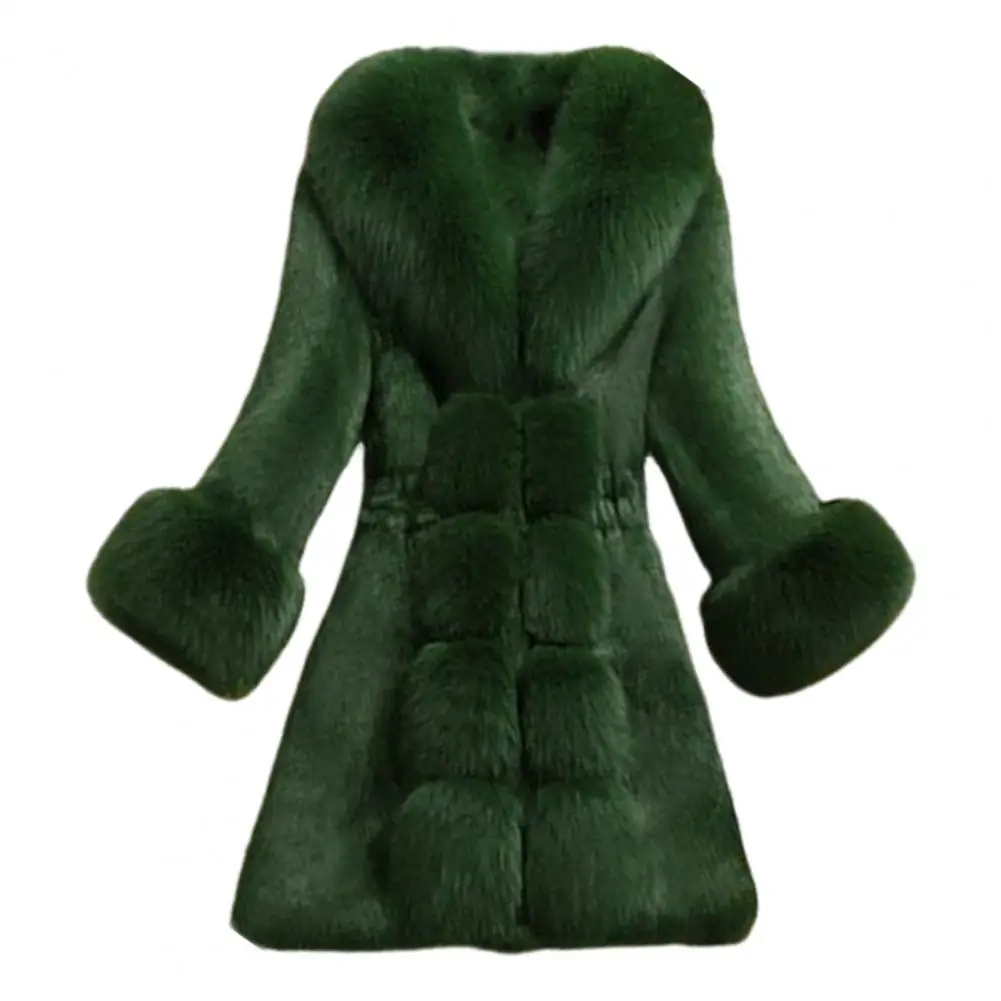 Solid Color Coat Elegant Mid-aged Women's Fuzzy Faux Fur Overcoat with V Neck Elastic Waist Celebrity Prom for Cold-proof